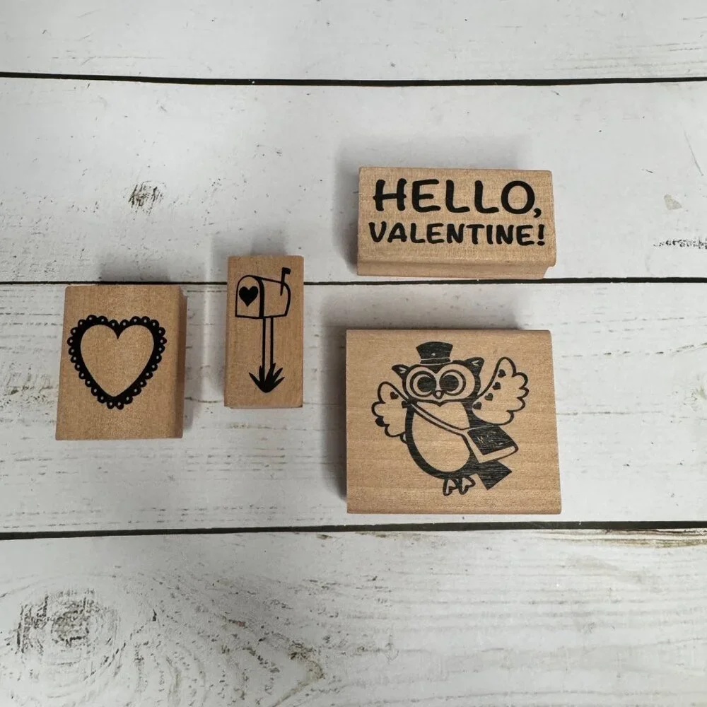 Set Of 4 Recollections Valentine Rubber Stamps With Owl Heart &‎ Arrow Designs